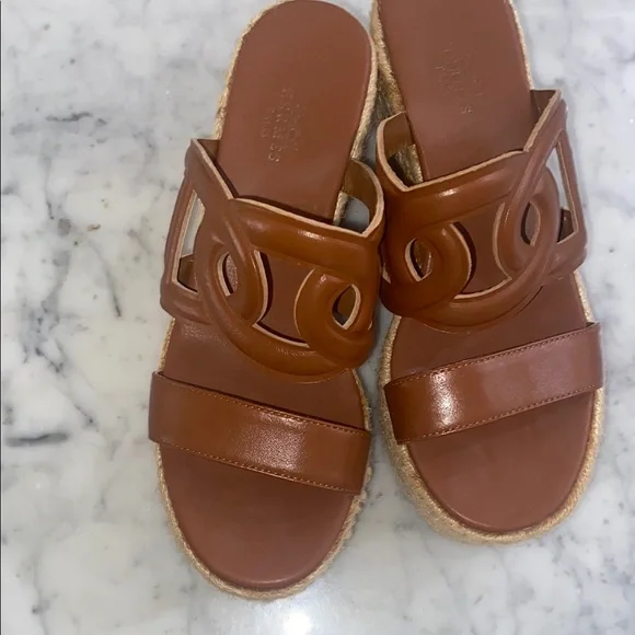 Hermes Brown Leather Sandals with Swirl Design